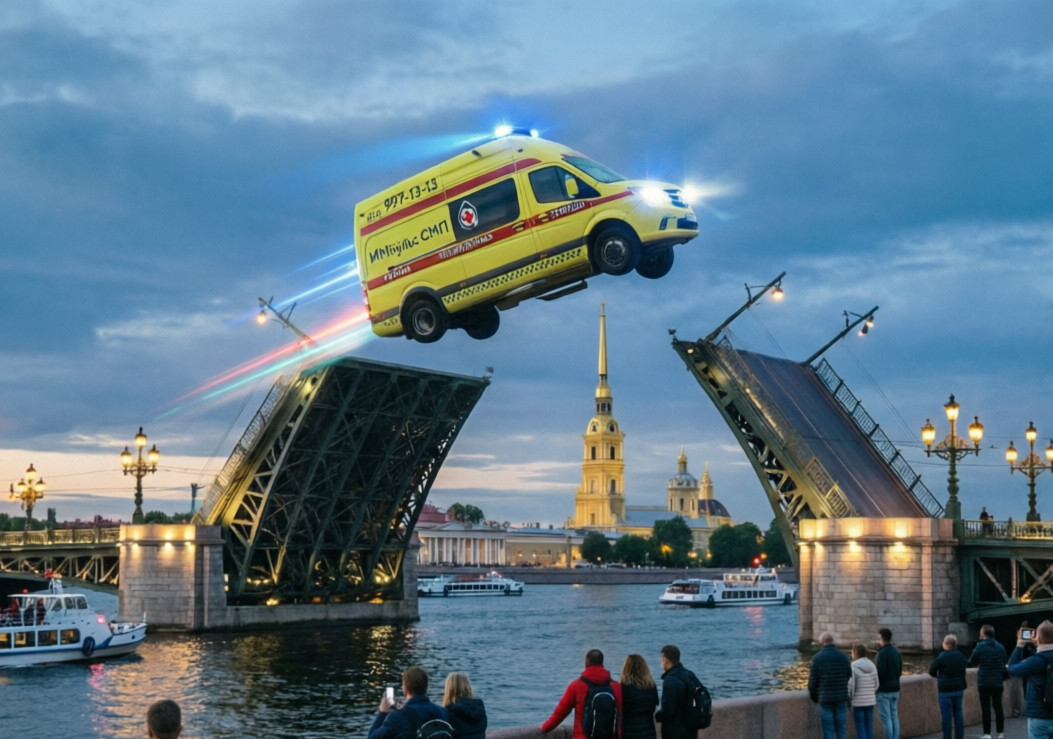 Машина частной скорой помощи Скорый ИМпульс над дворцовым мостом летит на вызов